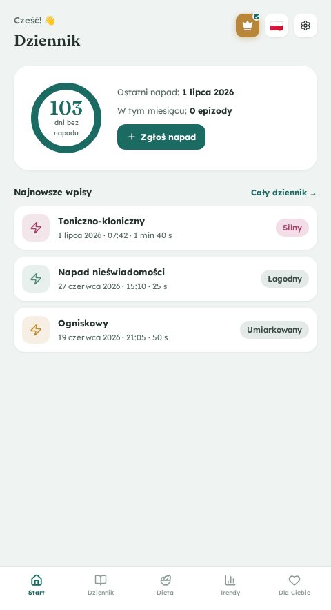 Epilumina — główny ekran dziennika napadów